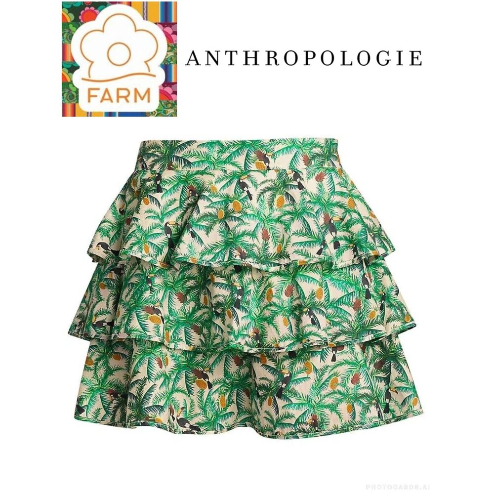 NWOT Anthropologie Farm Rio Mini Toucans Layered Ruffle Skirt Size M